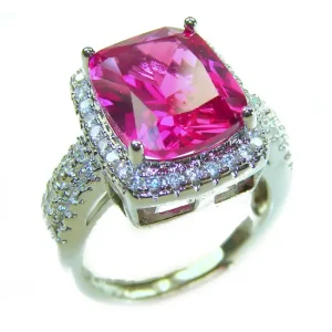 Fuchsia 8.5 carat oval emerald cut Pink Sapphire .925 Silver handcrafted Cocktail Ring